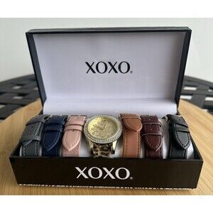 XOXO Women's Gold Tone Jeweled Bezel Watch With 7 Interchangeable Bands NIB